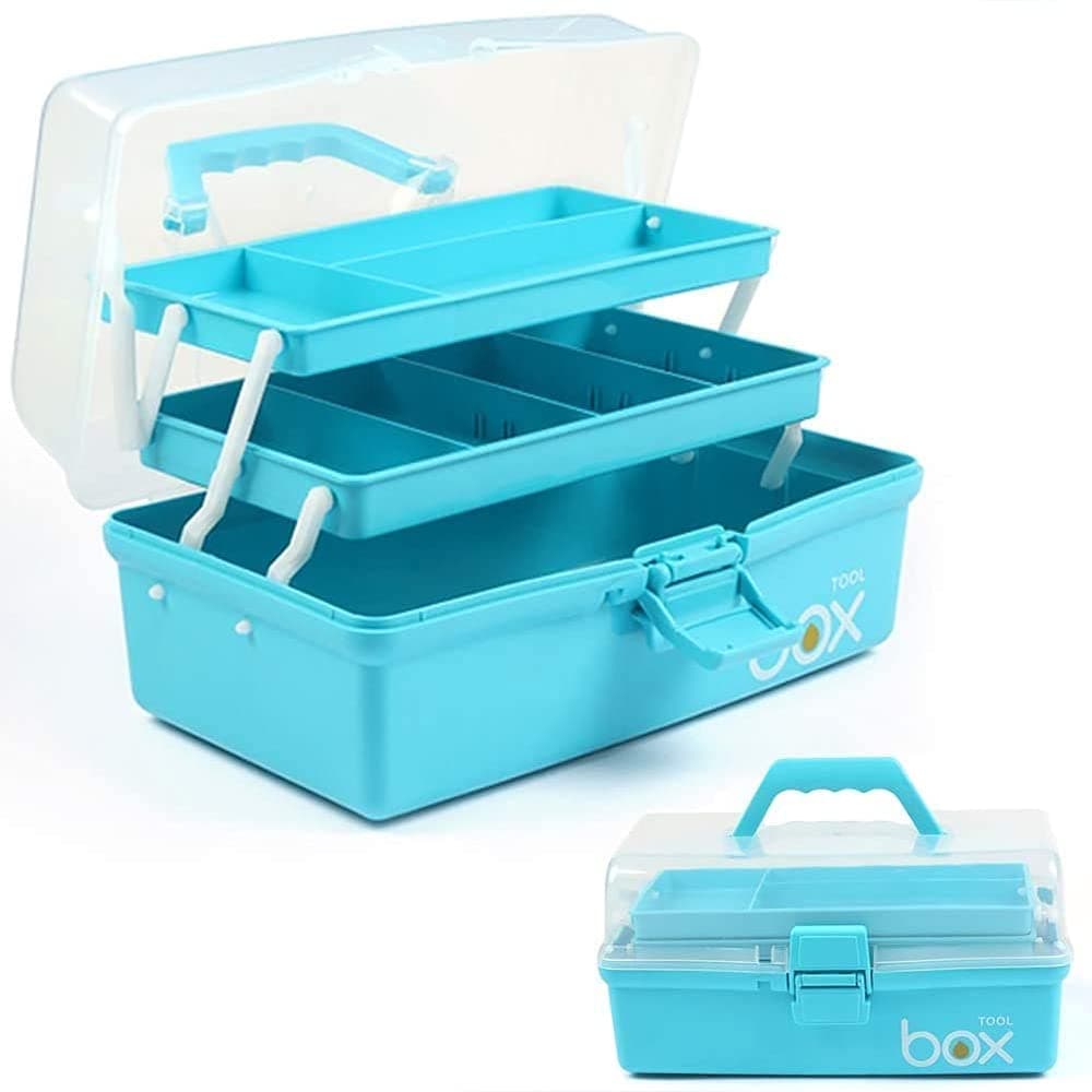 12in 3-Layer Plastic Craft Organizers and Storage, Portable Folding Tackle Box with Handle & Adjustable Dividers, Multipurpose Case for Sewing, Art Supplies, Medicine, Tools (Blue)