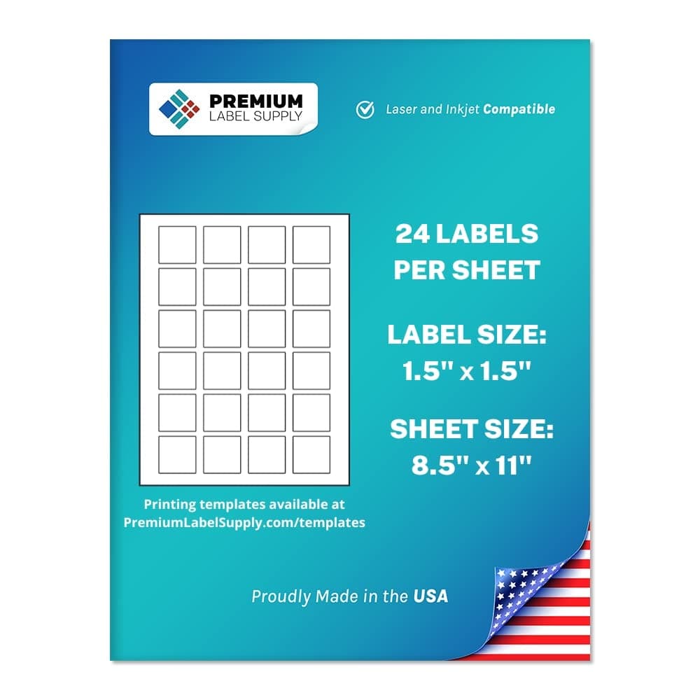 White Sticker Square Labels – 1.5" x 1.5" – Laser/Inkjet Compatible – (24 per Sheet), 25 Sheets – 600 Total Adhesive Labels