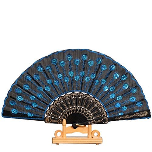 Luxsea Plastic Sequins Flower Pattern Hand Holding Folding Fan Embroidered