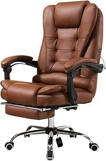 Executive Reclining Massage Office Chair with Footrest - High Back Brown Leather Computer Desk Chair with Adjustable Armrests for Home & Office Use