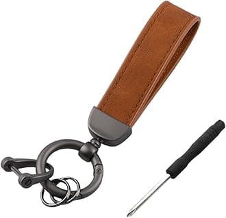 Kewucn Genuine Leather Car Keychain, Universal Heavy Duty Metal Auto Key Fob Holder with Anti Lost D-Ring for Men Women (Black-Brown)