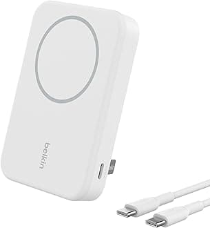 Belkin BoostCharge Pro Wireless Power Bank 8000mAh with Qi2, MagSafe Compatible Portable Charger + Built-in Pop-up Kickstand, For iPhone 17, iPhone Air, iPhone 16, 15, 14, Pixelsnap and More - White