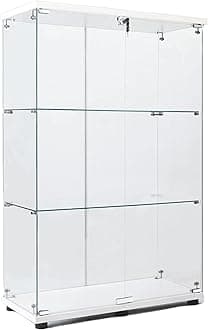 Modern 49'' Contemporary 3-Shelf Case Glass Display Cabinet in Clear with 2 Doors, Curio Cabinet Collection Display Case, Floor Standing Bookshelf for Living Room Bedroom Home Office