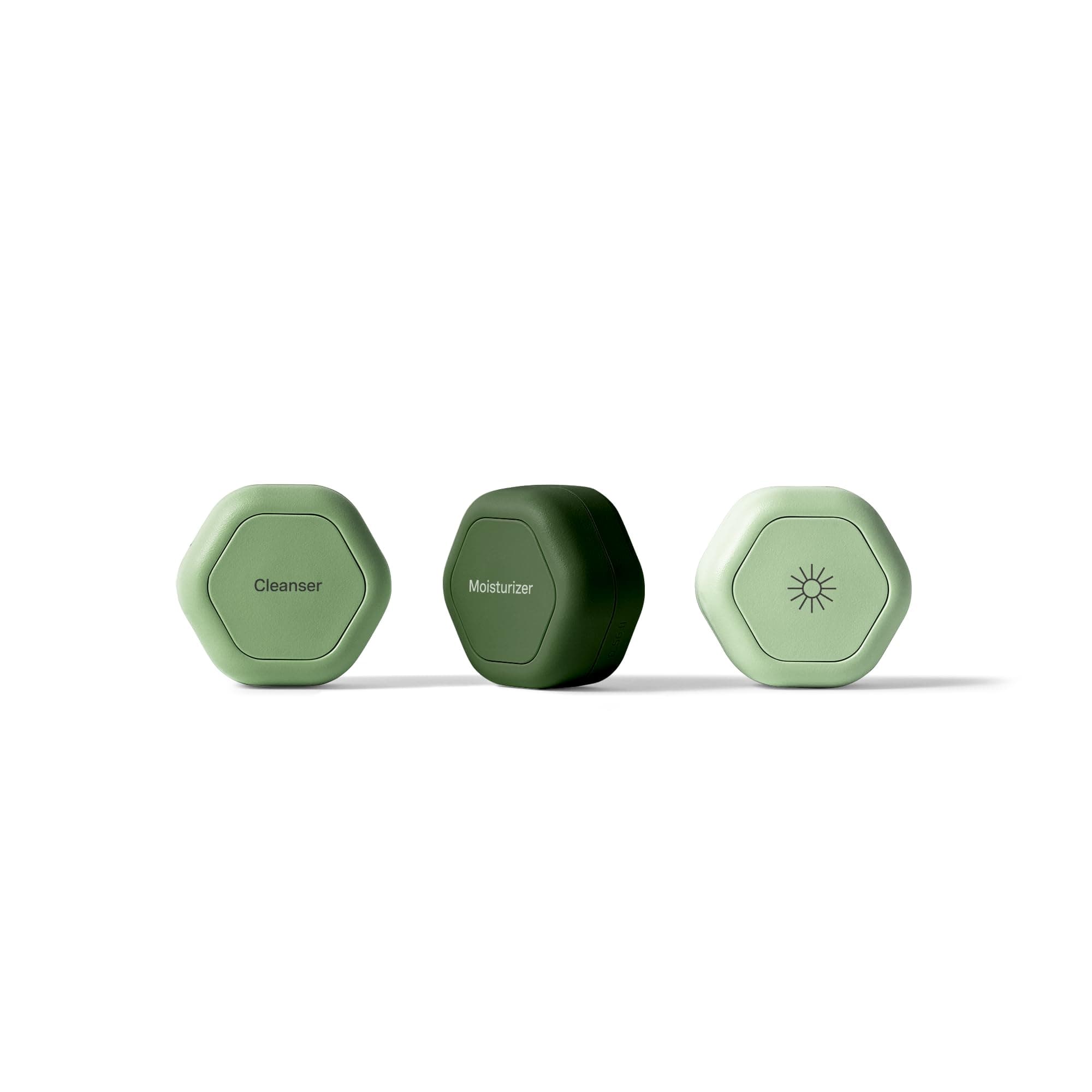 Cadence Travel Containers Basic Skincare Set - Magnetic Containers with Lids,Carry On Travel Essentials For Women/Men - 3 Small Capsules (0.56oz) - Cleanser, Moisturizer & Sun-Icon Labels - Evergreen