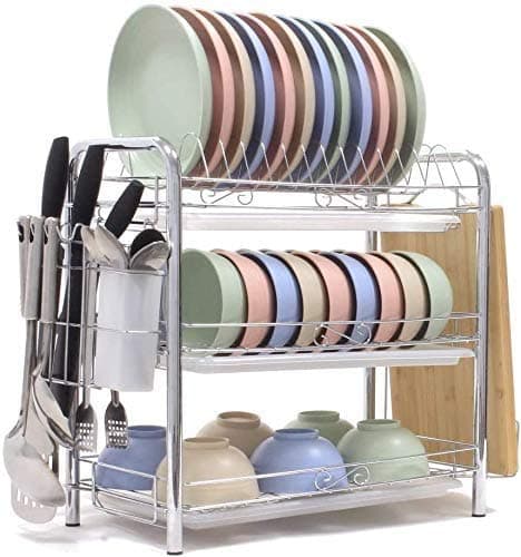 HanYun Dish Drying Rack 3-Tier Chrome Plating Dish Rack Stainless Steel Kitchen Dish Drainer Rack Organizer Tool-Free Installation with Utensil Holder/Drain Board/Bracket 3 Layers…