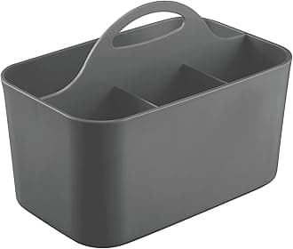 Small Plastic Shower/Bath Storage Organizer Caddy Tote with Handle for Dorm, Shelf, Cabinet - Hold Soap, Shampoo, Conditioner, Combs, Brushes, Lumiere Collection, Dark Gray