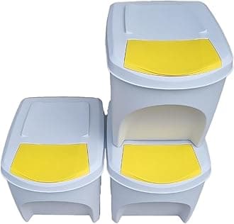 Large Stackable Recycling Bins Set of 3x25L (Brand KrysGo) - Customizable Lids with Recycling Stickers - Waste Sorting for Home, Kitchen, Office (White + Yellow)