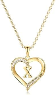 Heart Initial Necklace for Women, 14K Gold Plated Cubic Zirconia Heart Pendant Necklace, Dainty Initial Charm Necklace Letter A to Z Initial Jewelry for Women Girls