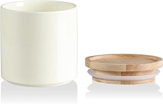 Kitchen Canisters Ceramic Food Storage Jar, Stackable Containers with Airtight Seal Wooden Lid for Serving Ground Coffee, Tea, Sugar, Salt and More - 16 Fl Oz (Beige)