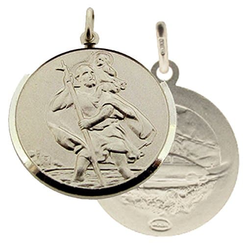 Solid 925 Sterling Silver Mens Gents Reversible 24mm Round St Christopher Medal Pendant With Optional 1.8mm Wide Diamond Cut Curb Chain In Gift Box (available in 16" to 40")