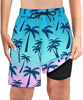 Boys Swim Trunks, Swim Shorts with Compression Boxer Brief and Anti-Chafing Inner Liner, Quick Drying Shorts
