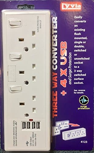 13A 3 Gang wall socket convertor with 4 USB charging ports and surge protection. Simply convert an existing double or single wall socket with this and give yourself more power options