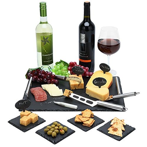 Slate Cheese Board Set by My Funfare - Complete Cheese Platter Kitchen Essential Bundle / 4 Large Stainless Steel Cheese Board With Handles, Marker Signs, Chalk Pen & 4 Coasters Included.