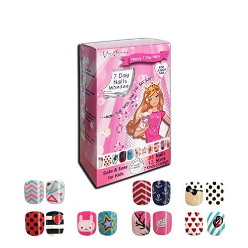 MayQueen 7PACK 84Tips 7Days Artificial False Fake Art Nails, Pre-Glued Sticker Nails For Kids (7Day Nail 1)