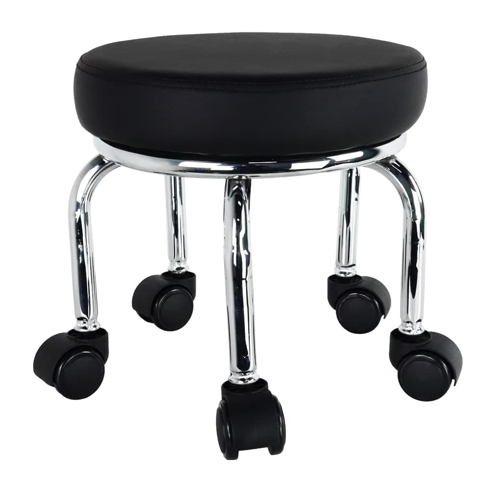 Small Rolling Stool PU Leather Roller Seat 360° Swivel Low Round Chair with Universal Caster Wheels for Home Massage Garden Office Garage Shop Fitness Sport,H：31.5cm（Black）