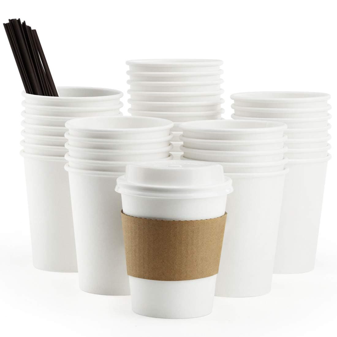 Eupako 8 oz White Disposable Paper Cups with Lids, Sleeves and Straws, to Go Coffee Cup 100 Count