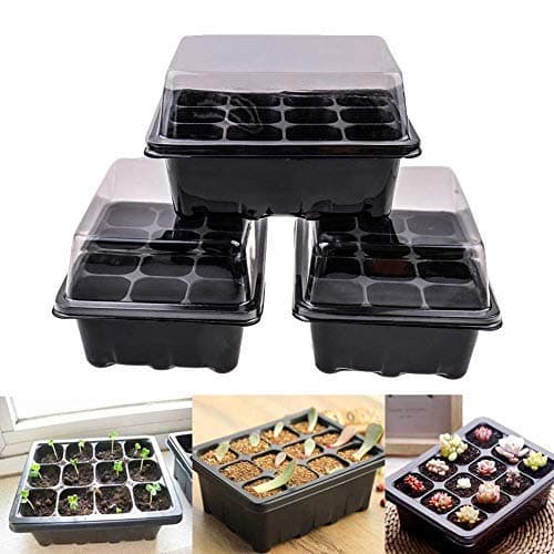 RINBO Seed Trays 12/24-Cell Propagators for Plants, with Adjustable Vents, Seed Propagator Tray Set-Black (12-Cell(Pack of 3))