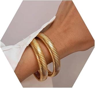 Awinesn Gold Bangles for Women Chunky Stretch Bangles Bracelets Set 18K Gold Plated Stainless Steel Link Chain Bracelets Flexible Wide Wristband Bracelets Set of 3 Jewelry Gifts for Women
