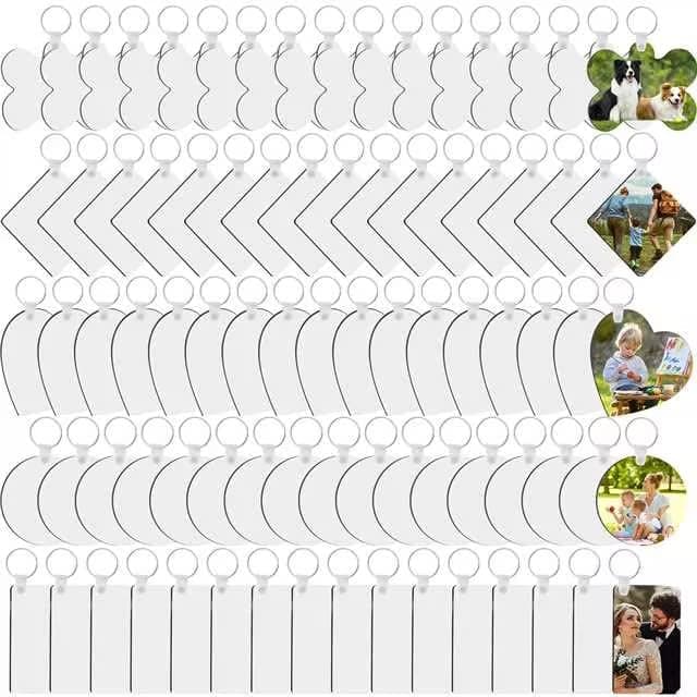 135Pcs Sublimation Keychain Blanks Bulk,MDF Keychain Double Sided Heat Transfer Keychain Board with Film,Key Rings, Plastic Retaining Clips for DIY and Craft(Round, Rectangle, Bone, Square, Heart)
