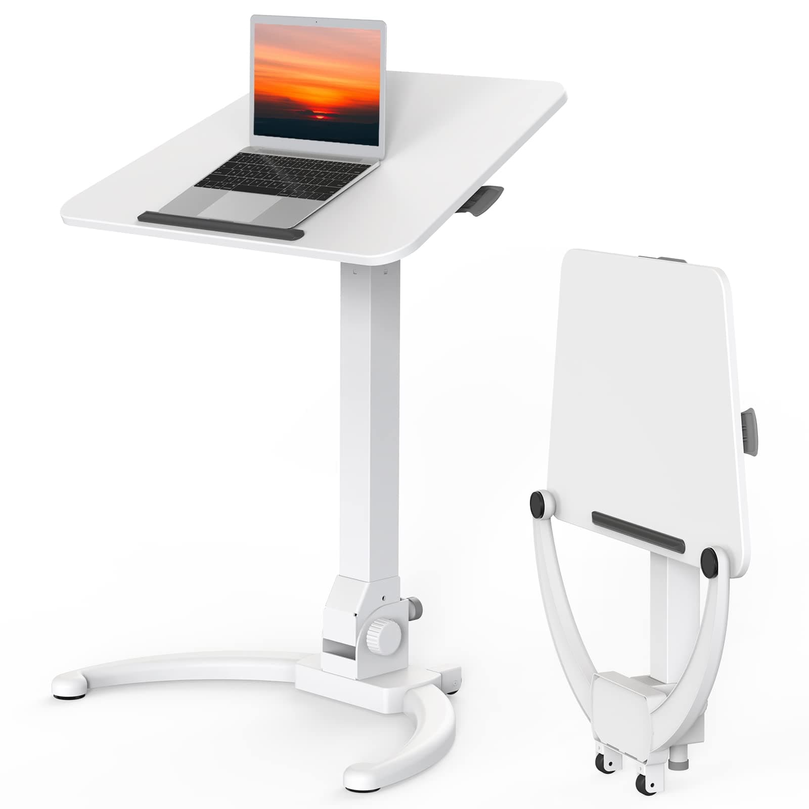 Foldable Mobile Standing Desk, Height Adjustable Sit Stand Desk, 90° Tiltable Rolling Laptop Table, Portable Workstation with Wheels Non-Slip Mat for Home Office, Holds Up to 22lbs, White