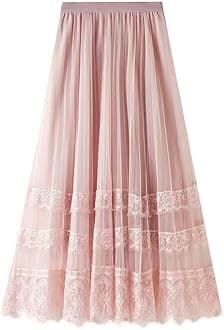 Sigdio Women Midi Skirt Elastic High Waist Lace Tulle Skirt Pleated Skirt