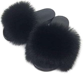 Women's Faux Fur Slide Slippers Fuzzy Slides Fluffy Sandals Open Toe Indoor Outdoor (10, Black)