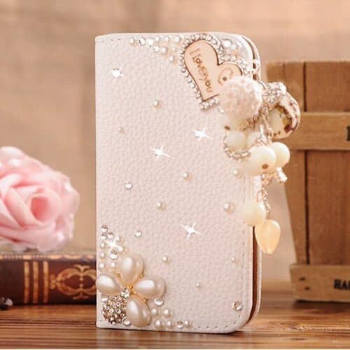 Galaxy Note 4 Case,Top Selling Stores White Luxury 3D Fashion Handmade Bling Crystal Rhinestone PU Flip Wallet Leather Case Cover for Samsung Galaxy note 4(I Love you Pearl Flower)