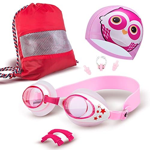 Olmesar Swimming Goggles + Swim Cap + Drawstring Backpack Bag + Nose Clip + Ear Plugs, Swim Glasses Anti Fog UV Protection with 3 Sizes Replaceable Nose Pieces for Kids, Child from 2 to 6 Years Old