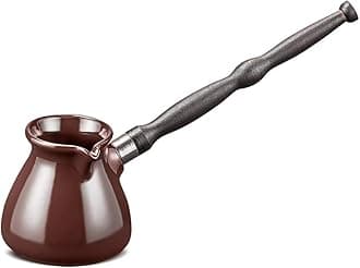 Ceramic Turkish Coffee Pot 220 ml (7,44 oz) Cezve Ibrik Briki Turka Inove, Chocolate Color, with Removable Wooden Handle for Gas Electric Hobs