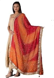 Pk Hub Jaipuri Rajasthani Women's Silk Bandhani Bandhej Multi-Colored Heavy Dupatta With Gota Work And Latkan