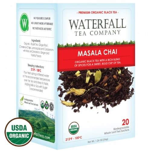 Waterfall Tea Company Masala Chai, Biodegradable Whole Leaf Pyramid Tea Sachets, 20 Counts
