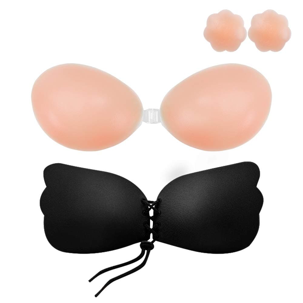 Sticky Adhesive Bra 3 Pack, Backless Strapless Bra Silicone Sticky Push up Invisible Bra with Nipple Covers