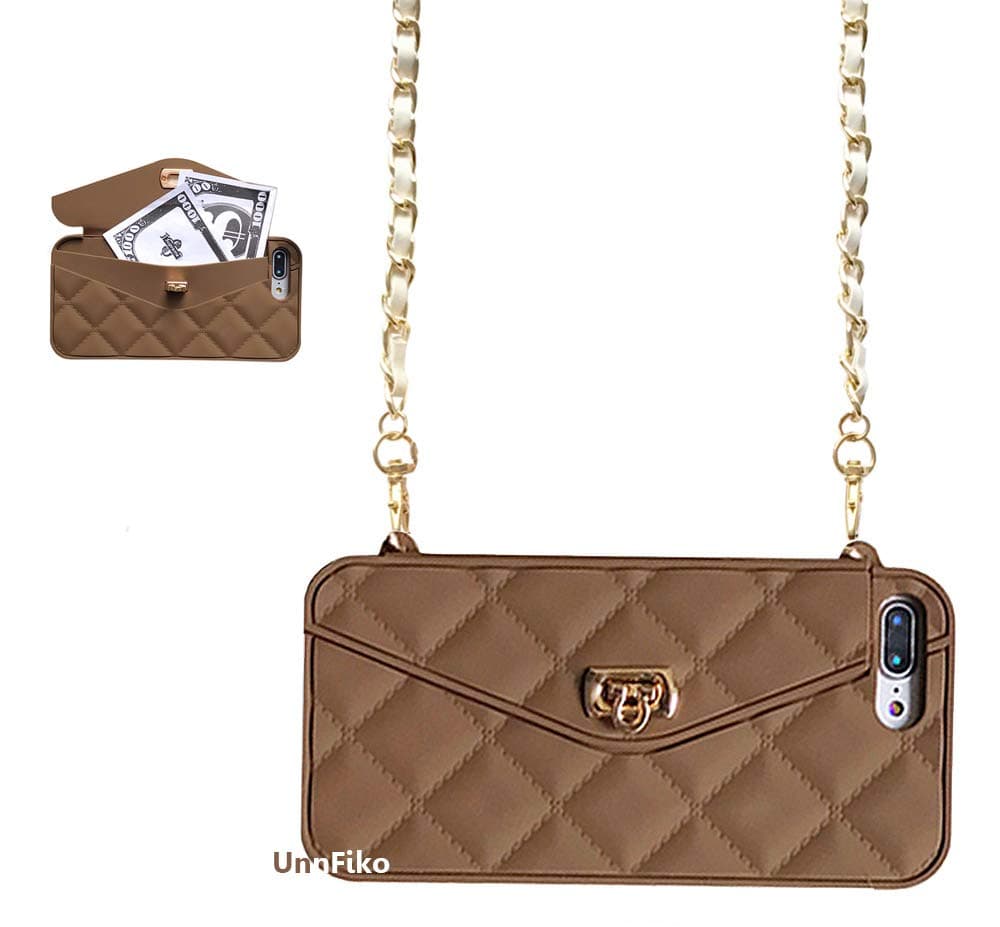 UnnFiko Wallet Case Compatible with iPhone XR, Cute Light Luxury Bag Design, Purse Flip Card Pouch Cover Soft Silicone Case with Handstrap Long Shoulder Strap (Brown, iPhone XR)