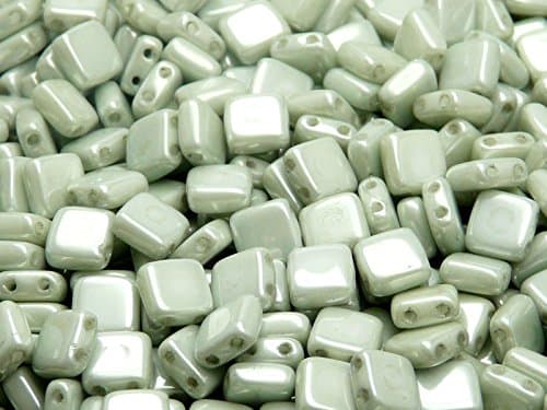 40 Pieces Czech Glass Beads Tile Two-Hole, Flat Square 6x6x2.9mm Opaque Chalk White Light Green Luster