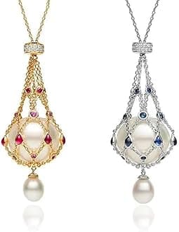 SAVILA Pearl & Gemstone Lavalier Pendant, Handmade Natural Pearl Cage Necklace for Women Girls, Adjustable Metal Braided Mesh Crystal Holder Necklace, Elegant Jewelry Gifts for Mom Wife