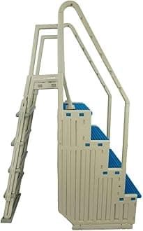 Confer Plastics Step-1X with 8000X Ground to Step Ladder: Above Ground Entry System, Dual Handrails, Slip-Resistant Steps, Supports 300 lbs, Easy Install – Made in USA, Warm Grey with Blue Step-1X