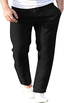 Men's Casual Cotton Linen Pants Straight Fit Drawstring Pant with Side Pockets Elastic Waistband Painting Pants Loose Beach Yoga Trousers