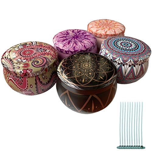 6 PCS Candle Making Kits,Empty Metal Candle Tin Jar Container(6 OZ), Retro European Style Candy Case for DIY Candle Starters + 12 Pcs Wicks +20 Pcs Stickers+2 Centering Devices (Pattern 4)