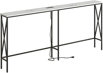 Masupu 70.9" Console Table with Power Outlet, Modern Narrow Long Sofa Table Behind Couch, Skinny Entry Table, Industrial Sofa Table with Metal Frame for Hallway, Living Room, White and Black