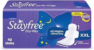 Stayfree Dry Max All Night XL Dry Cover Sanitary Pads For Women With Wings, 42 pieces