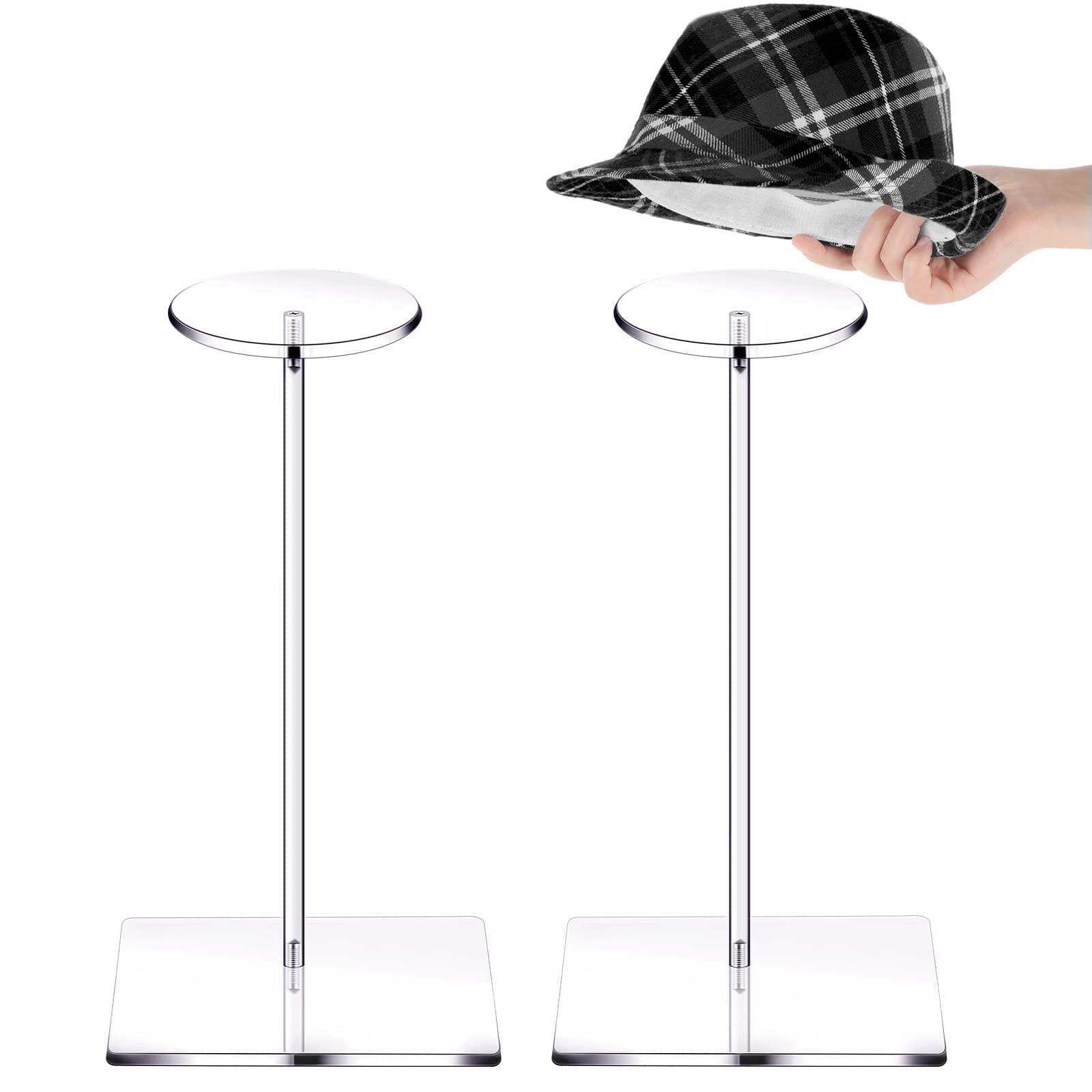 Yookeer2 Set Clear Acrylic Hat Stands and Wig Display Rack Stands for Multiple Hats Display Tabletop Baseball Caps Watch Tabletop(12 Inch in Height,Square Bottom)