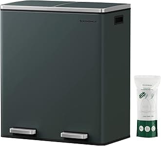 SONGMICS Dual Rubbish Bin, 2 x 30L Recycling Bin, Metal Pedal Bin, with Dual Compartments, Plastic Inner Buckets and Hinged Lids, Handles, Soft Closure, Airtight, Grey LTB60GS
