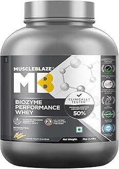MuscleBlaze Biozyme Performance Whey Protein (Kesar Kulfi, 2kg/4.4lbs) | 28g Protein, Isolate & Concentrate Blend, Clinically Tested 50% Higher Protein Absorption