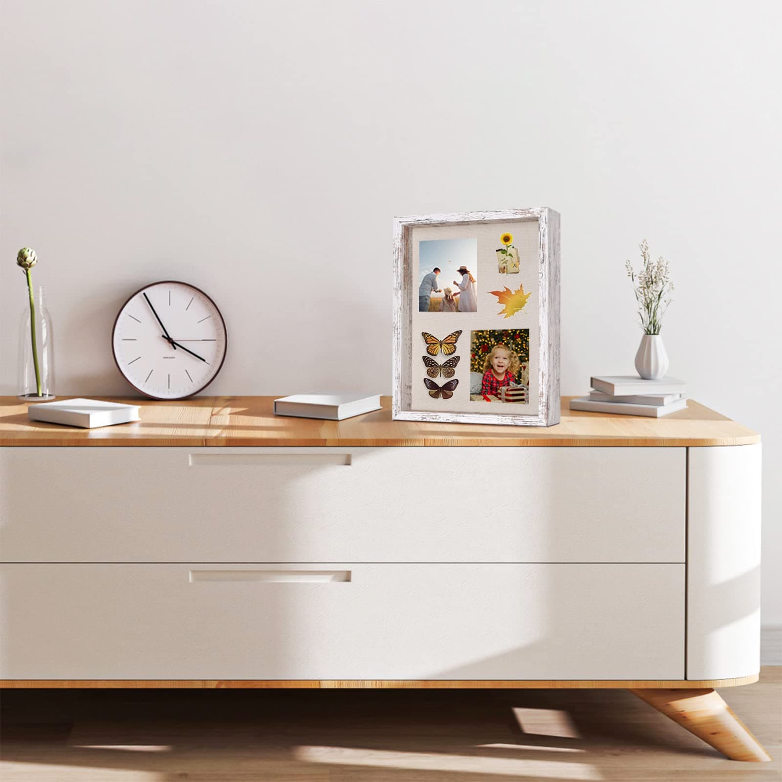 Califortree 11x14 Shadow Box Frame with Linen Back - Sturdy Rustic Memory Display Case of Flower, Pictures, Medals and More, Distressed White