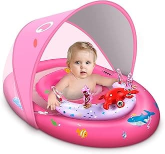 LAYCOL Baby Pool Float with 120° Adjustable Canopy UPF50+ Sun Protection and Ocean Animal Toy, Inflatable Pool Floats for Pool Toys, Baby Beach Essentials with Safety Seat, Toddler Floaties for 6-36M