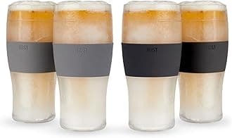 Freeze Beer Glasses, 16 ounce Freezer Gel Chiller Double Wall Plastic Frozen Pint Glass, Set of 4, Black and Grey