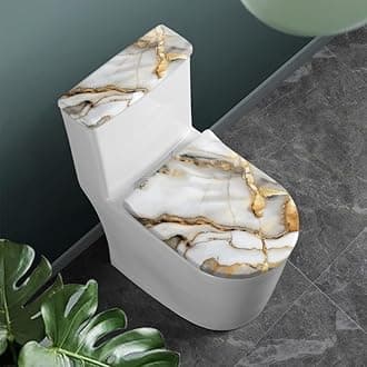 White Golden Marble Texture Standard Toilet Seat Lid Cover Set Classic Nordic Style Toilet Lid Tank Covers Modern Minimalist Art with Elastic Edge Stays in Place