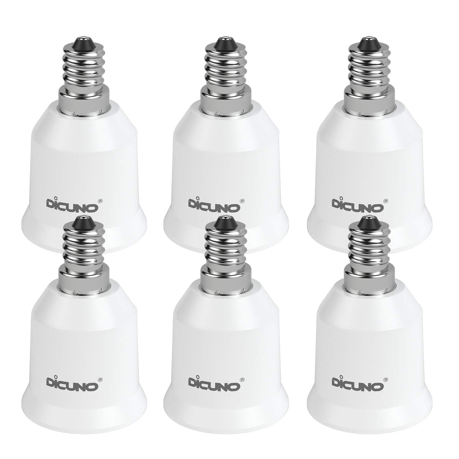 DiCUNO E12 to E26 Socket Adapter, Candelabra E12 to Medium (Standard) E26 Socket Converter, LED Light Bulb Converter, 200W Max, 200℃ Heat Resistant, 6-Pack