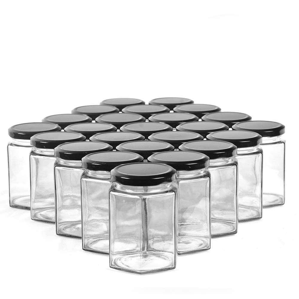 SHiZAK New 9oz Hexagonal Jam Jars with Black Lids, Transparent Jam Jar Bottles for Jams, Honey, Wedding Favors, Shower Favors, Baby Foods, DIY Spice Jars and More(Pack of 24)