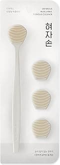 DEARCUS Korean Tongue Scraper with 3 Replaceable Heads - 100% BPA Free TPE Tongue Cleaner - Reduce Bad Breath & Without Hurt - Hygienic Scraper - Modern & Simple Design (White)